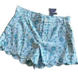 Lauren James Print Scallop Shorts XS You’re a Gem 4 Pockets Blue White NEW NWT